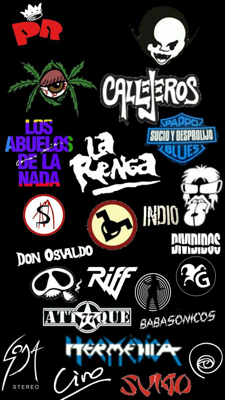 many different logos are shown on a black background, including one for the band's logo