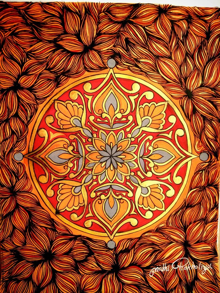 an orange and yellow painting with flowers on it