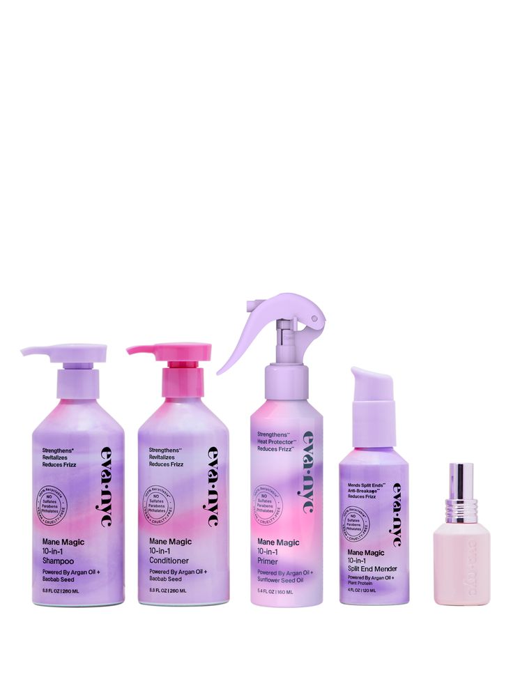 Hi There! I'm all 5 Mane Magic potions in one set! I'll help all hair types look and feel softer + healthier, and I'm clinically proven to strengthen hair! I'll also leave your hair smelling fabulous from morning 'till night. With 10 benefits in each hair care product, my miracle collection saves you time and vanity space by eliminating the need for additional products. My magic does all the multitasking, so you don’t have to!Set Includes:Mane Magic 10-in-1 ShampooMane Magic 10-in-1 ConditionerM Mane Magic, My Miracle, Hair Care Kit, Shampoo For Fine Hair, Magic Potions, Eva Nyc, Stronger Hair, Magic Hair, Healthy Skin Tips