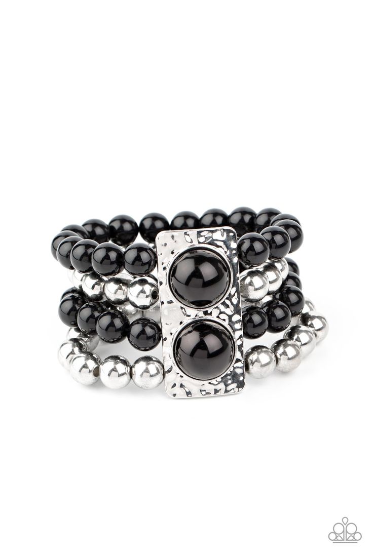 Held in place with a hammered silver frame dotted with two oversized black beads, strands of classic silver and black beads are threaded along stretchy bands around the wrist for a glamorously layered look. Sold as one individual bracelet. Black Hold, Black Bracelet, Hammered Gold, Black Bracelets, Paparazzi Accessories, Stretchy Bracelets, White Rhinestone, Classic Gold, Paparazzi Jewelry