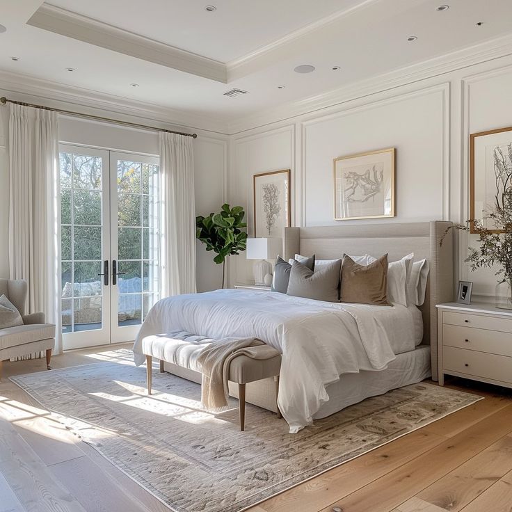 a bedroom with white walls and wood flooring has a large bed in the center