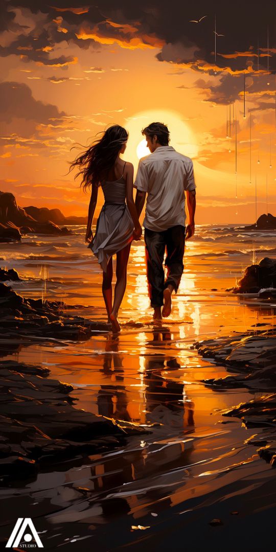 a man and woman walking on the beach at sunset with their backs to each other