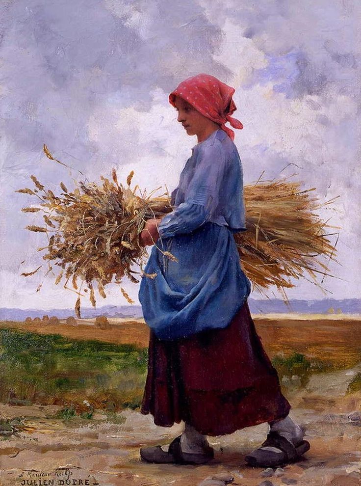 a painting of a woman walking down a dirt road holding a bundle of hay in her hands