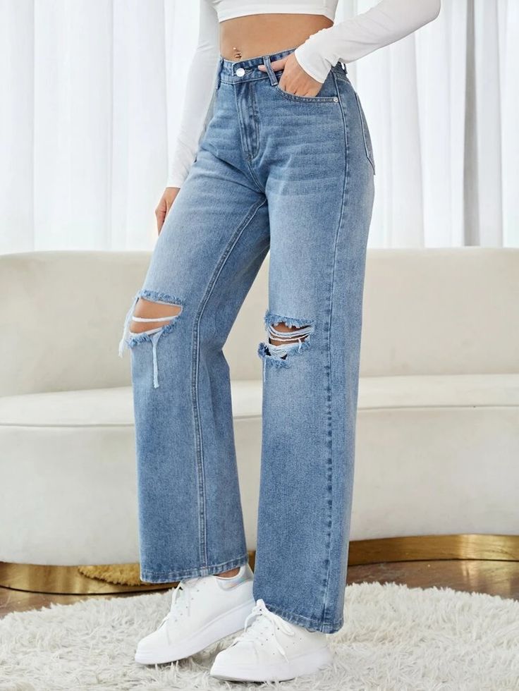 Cute Jeans Aesthetic, Straight Fit Jeans Outfit Women, Straight Ripped Jeans, Ribbed Jeans, Light Wash Straight Leg Jeans, Straight Legged Jeans, Shein Jeans, Jeans Outfit Women, Jeans Long