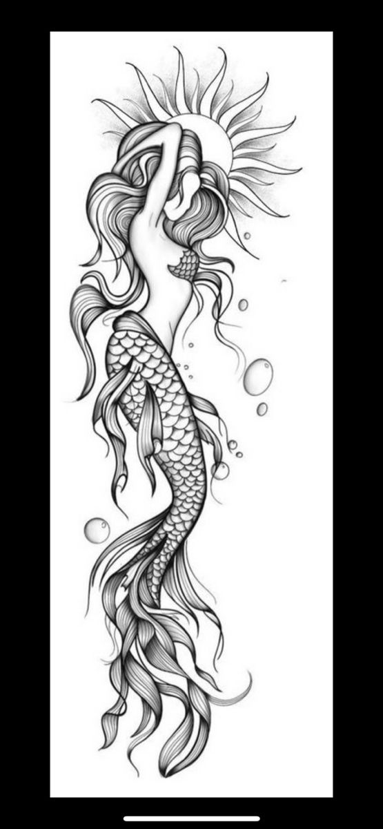 a mermaid tattoo design on the back of a woman's body, with sun above her head