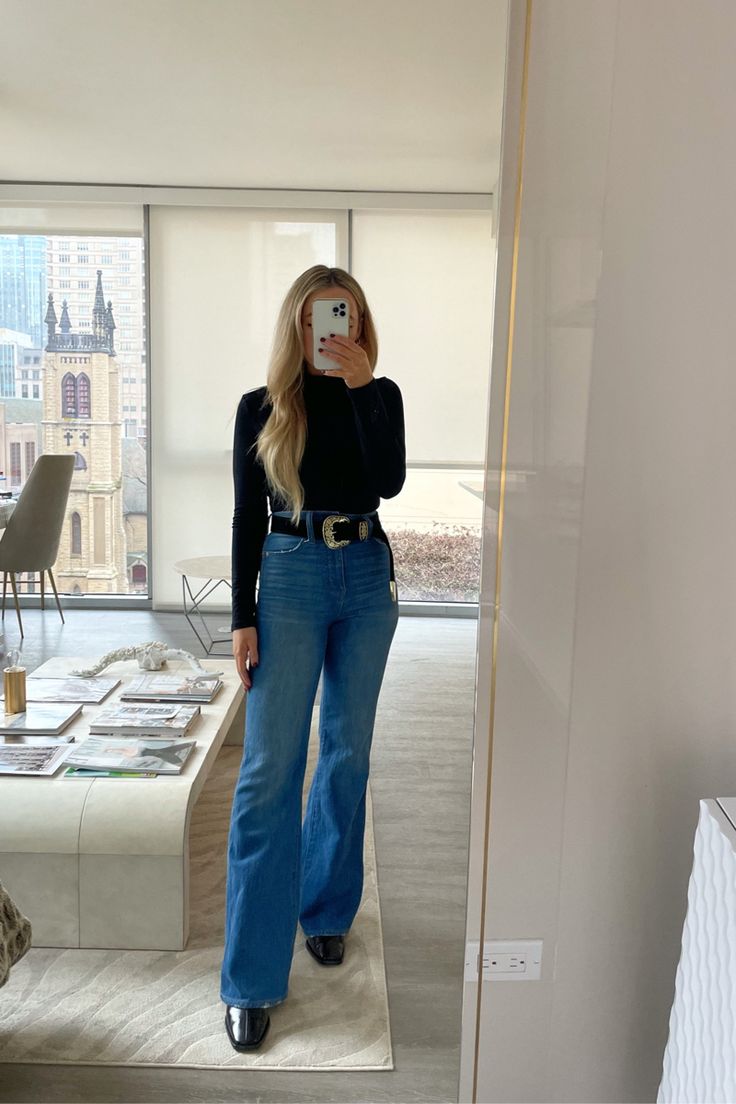 Flare Jeans Turtleneck Outfit, Blue Flair Jeans Outfits, Light Flare Jeans Outfit Winter, Blue Leather Shorts Outfit, Black Long Sleeve And Jeans Outfit, Western Outfits With Jeans, Vegas Jeans Outfit Night Out, Square Toed Boots Outfit, Mid Size Flare Jeans Outfits