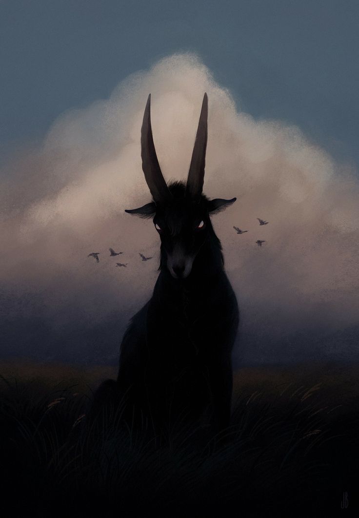 a painting of a goat with long horns and birds in the sky behind it on a cloudy day