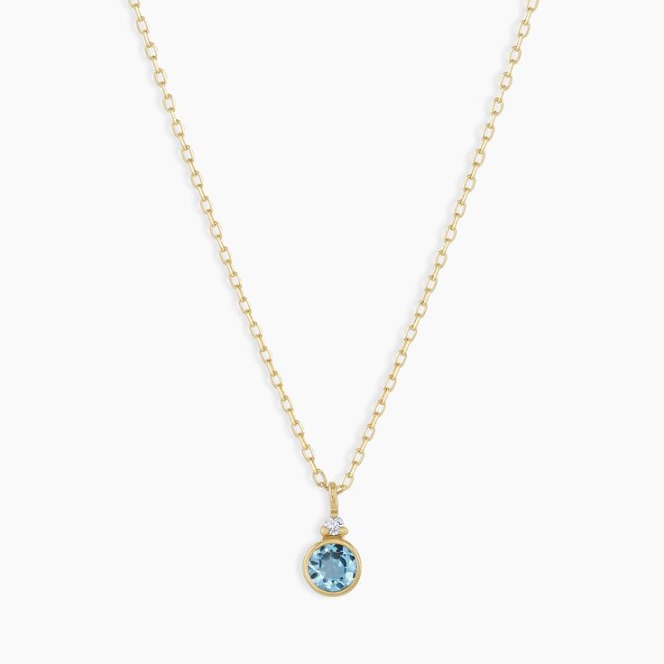 A modern heirloom. Introducing our take on a traditional style. Whether you wear yours or a loved one’s, a birthstone necklace is an easy way to add color and meaning to your look. This birthstone necklace features a 14k gold chain and diamond detail and makes for a perfect, personal gift. Blue Topaz is December's birthstone. Product Details Diamond: 0.01 total carat weight, 1.3 mm GH SI1-SI3 Blue Topaz: 0.15 total carat weight, 3 mm genuine blue topaz 14k solid gold 16" chain + 2" extender. Adj 14k Gold Birthstone Charm Necklace, Delicate Blue Topaz Birthstone Jewelry, Fine Jewelry Birthstone Pendant Charm Necklace, 14k Gold Birthstone Pendant Jewelry, Classic Charm Necklace With Birthstone Pendant, Classic Birthstone Pendant Charm Necklace, Yellow Gold Birthstone Charm Necklace, 14k Gold Necklace With Round Birthstone Pendant, 14k Gold Birthstone Necklace With Bezel Setting