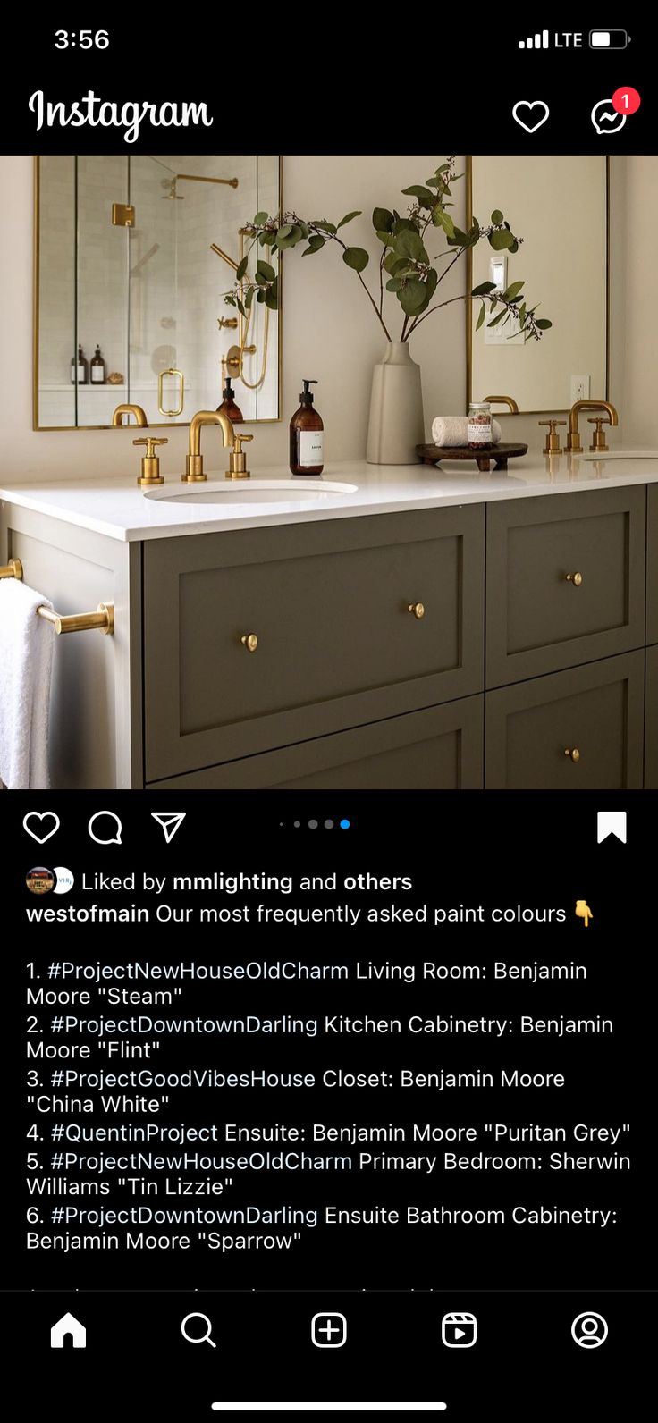 a bathroom with two sinks and mirrors on the wall next to it is an instagram page that reads instagram