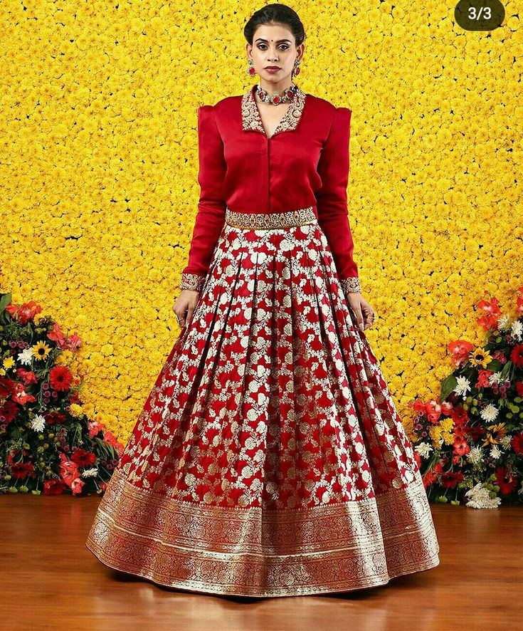 Kanjivaram Dress Pattern, Banarsi Saree Gown Design, Plus Size Half Saree, Gown Into Lehenga, Long Gown Design From Saree, Long Blouse Designs Saree Indian Fashion, Lehanga From Sarees, Long Blouse Designs For Lehenga Choli, Shirt With Lehenga Skirt