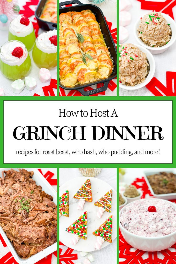 the cover of how to host a grinch dinner, including desserts and drinks