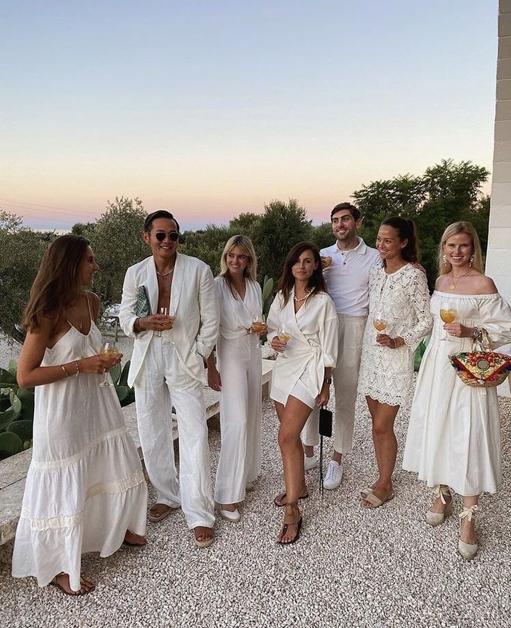 All White Hamptons Party, Birthday Theme Dress Code, White Party Aesthetic Beach, Wedding Guests In White, White Party Rehearsal Dinner, All White Garden Party Outfit, All White Rehearsal Dinner Party, All White Wedding Dress Code, White Dress Garden Party