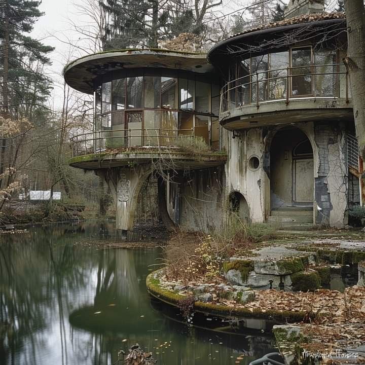 an old abandoned house sitting next to a body of water