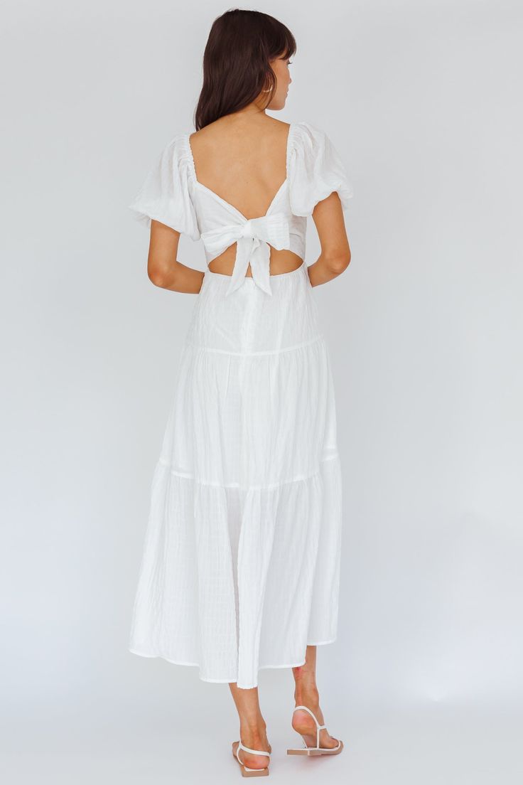 Shop the Royce Bow Back Midi Dress White | Selfie Leslie White Mules, Midi Dress White, Selfie Leslie, Farmers Markets, White Midi, Bow Back, Iron Material, White Midi Dress, Blue Jacket