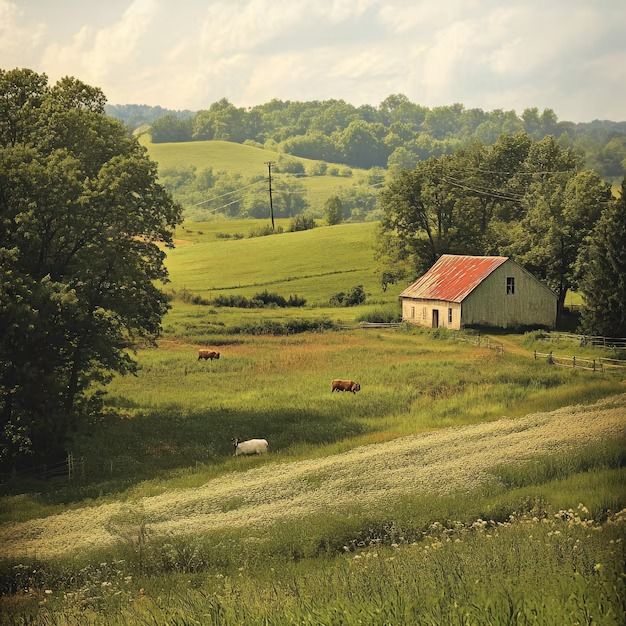 cows graze in a field near an old barn and tree lined hillside with rolling hills