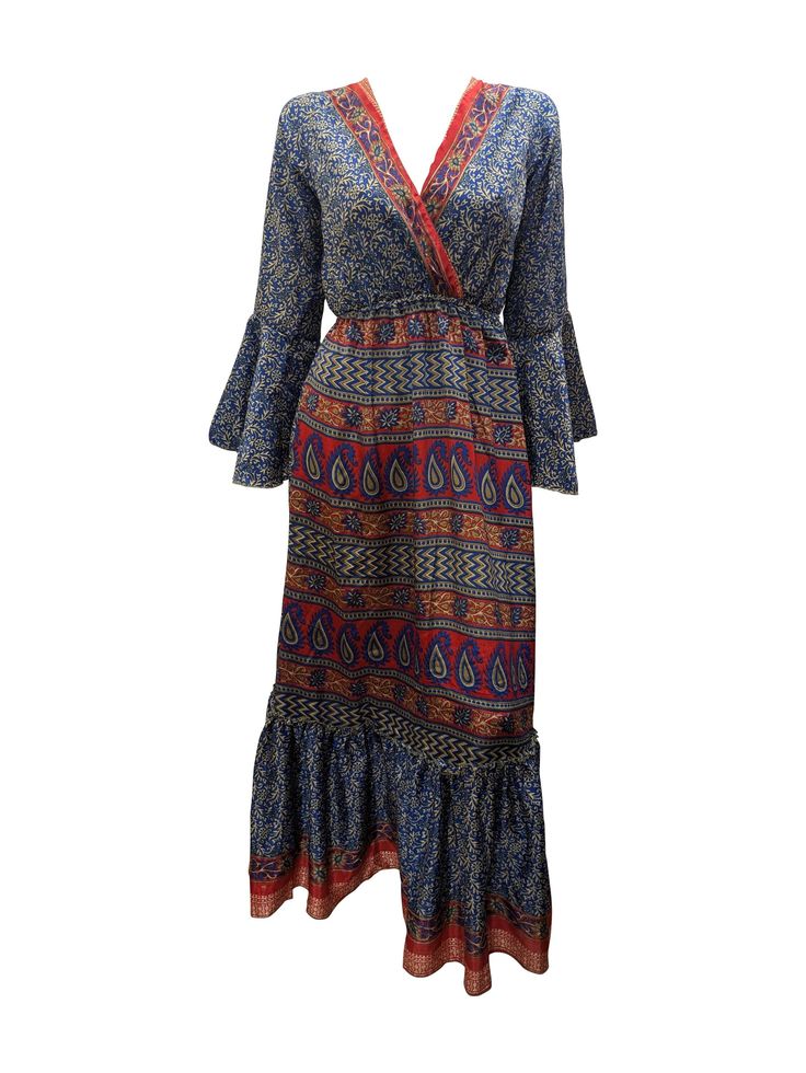 Material: 70% Silk & 30% Viscose  ( Recycled sari/saree fabric) Bust: 40'' Length: 52'' Sleeve Length: 22'' - Boho - Tiered maxi - Smock dress - Cross over neckline -Deep V-neck - Flowy - Ruffle hem - Butterfly sleeves - Abstract/paisley prints - Retro chic - Spring / Summer festival - RECYCLED SARI FABRIC RJ45 Bohemian Floor-length Kurta For Festive Occasions, Bohemian Floor-length Festive Kurta, Traditional V-neck Maxi Dress With Boho Print, Festive Bollywood V-neck Maxi Dress, V-neck Kalamkari Print Dresses For Festive Occasions, Festive Flowy V-neck Maxi Dress, Bohemian Floor-length Festival Kurta, Bohemian Floor-length Kurta For Festivals, Bohemian Long Sleeve Batik Maxi Dress