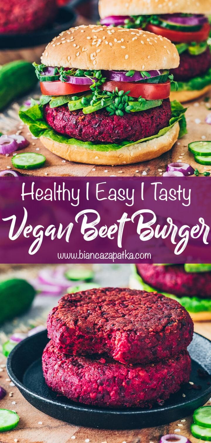 two burgers with beet and lettuce on them