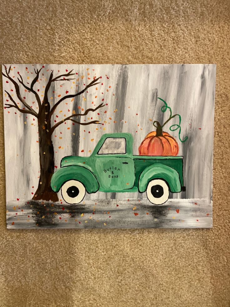 a painting of an old green truck with pumpkins in the back and trees behind it