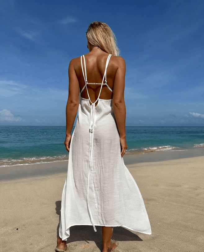 F00172608-103 Chic Cotton Maxi Dress For Beach Cover-up, Beachy Halter Neck Maxi Dress For Beach Cover-up, Fitted Tie-back Midi Dress For Vacation, Backless Beachwear Dress As Beach Cover-up, Spring Sundress For Beach Wedding, Elegant Midi-length Backless Dress For Beach, Summer Cotton Midi Dress For Beach Cover-up, Sleeveless Maxi Dress For Beach Wedding In Spring, Chic Sleeveless Backless Dress For Beach