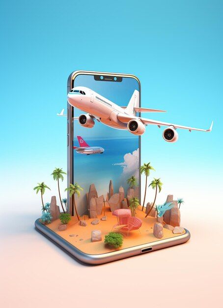 a phone with an airplane flying over the beach on it's display stand that is designed to look like a tropical island