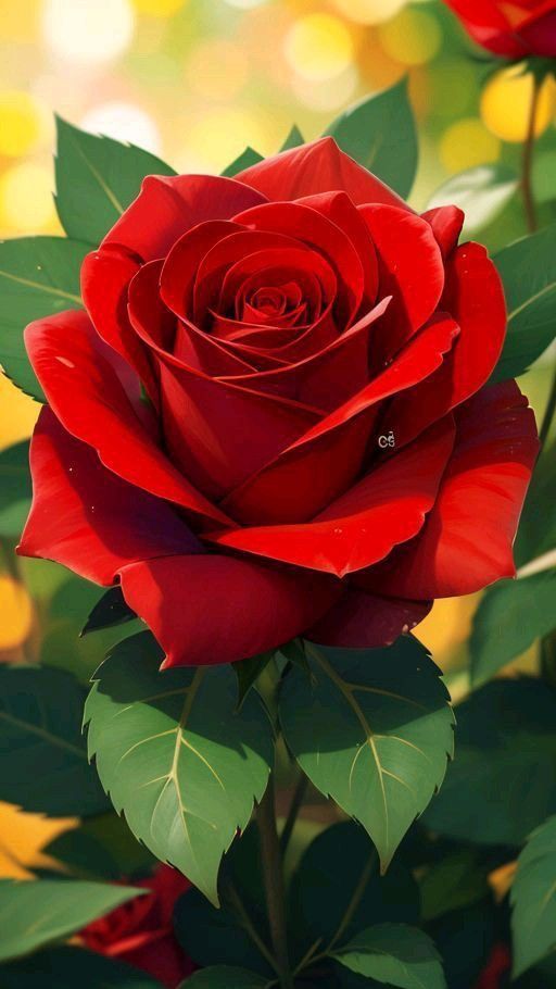 a red rose with green leaves in the foreground and yellow boke behind it