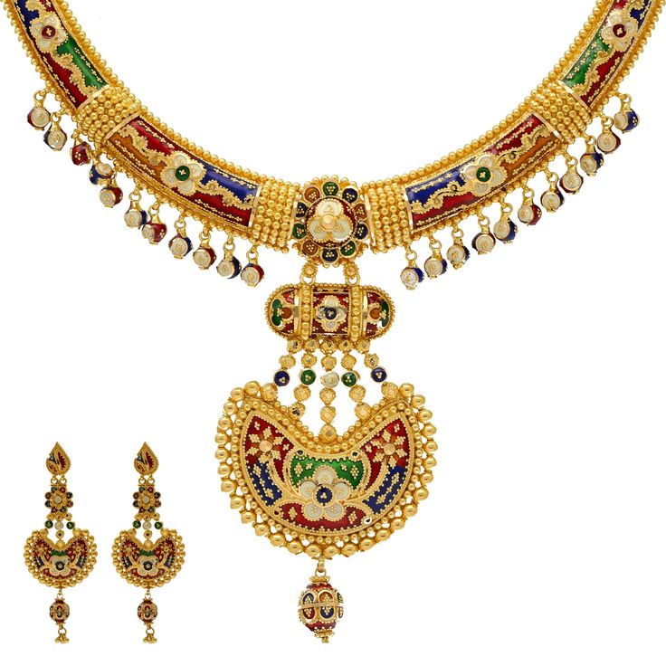 Add this vibrant Indian bridal jewelry set to your gown for your most important day! The Meenakari print made from colorful enamel brings a rich look of cultural egenace to this 22k gold jewelry design. Features • 22k yellow gold • Enamel • Meenakari print • BeadingVirani Jewelers bridal jewelry made from 22k gold brings together the beauty and significance of Indian culture and traditions. Find more beautiful 22k gold Indian bridal jewelry like this Meenakari jewelry set on our website.Specific Meenakari Gold Jewellery, Luxury Meenakari Sets For Reception, Luxury Meenakari Sets For Celebration, Traditional Gold Meenakari Jewelry, Meenakari Jewellery, Ornate Gold Meenakari Jewelry, Gold Meenakari Brass Jewelry, Gold Meenakari Ornate Jewelry Sets, Ornate Meenakari Brass Jewelry