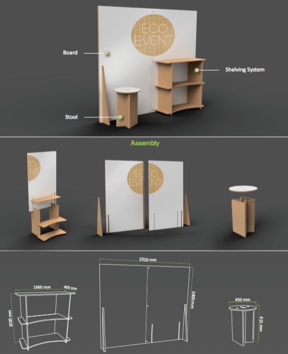 three different views of an exhibit stand