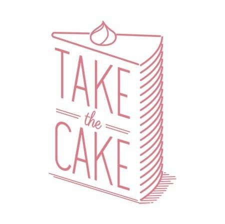 the words take the cake written in pink ink on a white background with a red outline