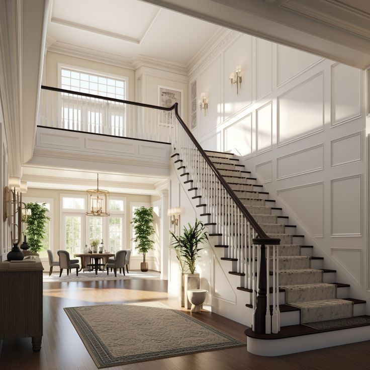 a staircase leading up to a living room and dining room in an elegant style home