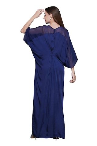 Blue draped maxi kaftan crafted in modal satin, organza with sequin-beads embellished patchwork on the waist and pleats detailing. - Aza Fashions Floor-length Georgette Kaftan For Spring, Floor-length Georgette Dresses, Spring Maxi Length Georgette Kaftan, Evening Kaftan With Cape Sleeves For Eid, Cocktail Georgette Maxi Dress, Elegant Draped Kaftan With Draped Sleeves, Blue Maxi Dress With Draped Sleeves For Party, Eid Evening Dresses With Draped Sleeves, Silk Kaftan With Cape Sleeves For Party