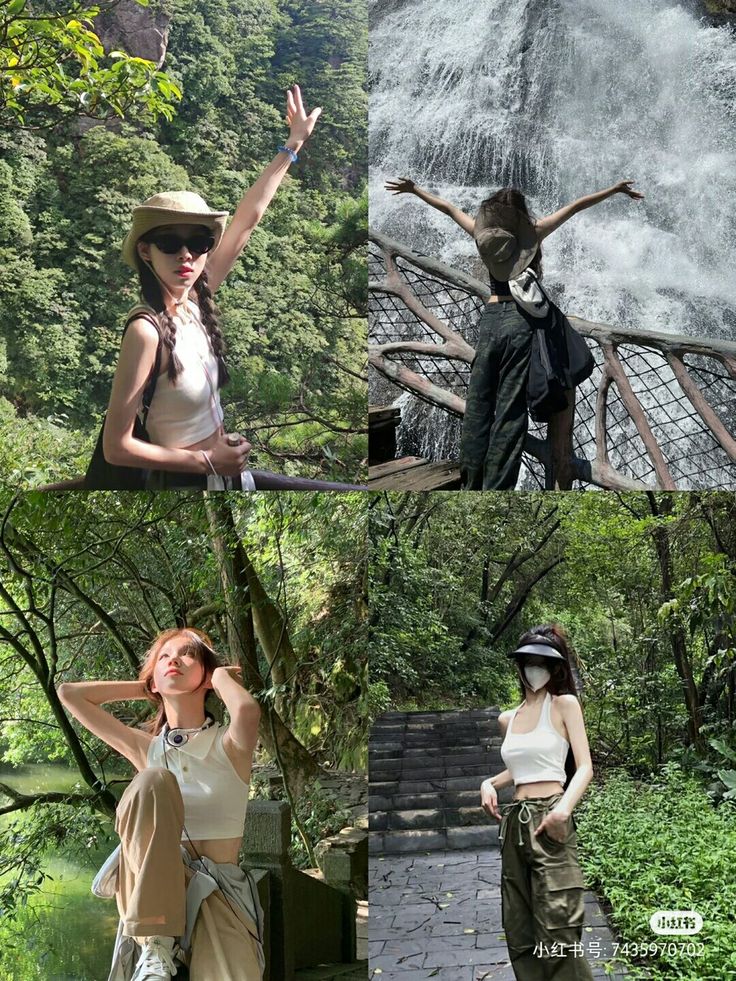 two women are standing in front of a waterfall and one is holding her hands up