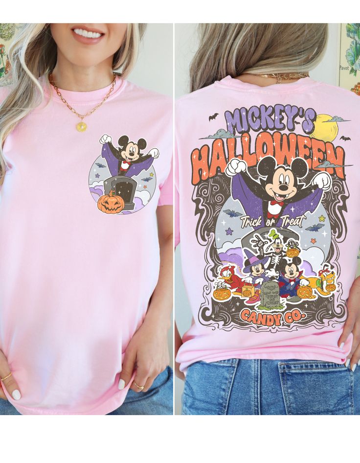 a woman wearing mickey mouse's halloween t - shirt with her hands in her pockets