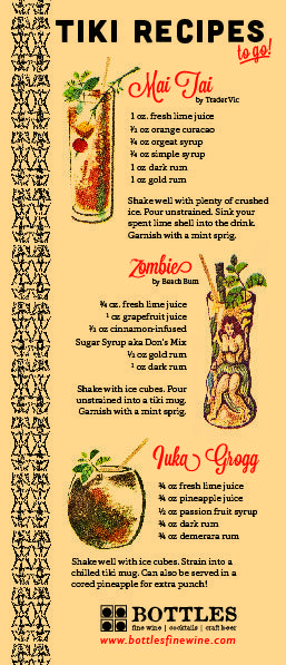 the menu for tiki recipes is shown in black and white lettering on an orange background