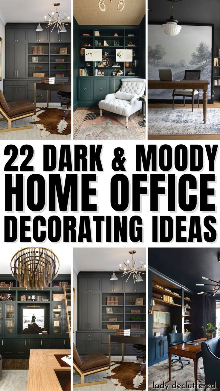 22 Dark & Moody Home Office Decorating Ideas Dark Gray Office Walls, Home Office Black Wall, Dark Office Colors, Cherry Wood Office Decor Ideas, Urban Bronze Office, Dark Grey Office Walls, Home Office Colors For Men, Small Dark Office Ideas, Dream Home Offices