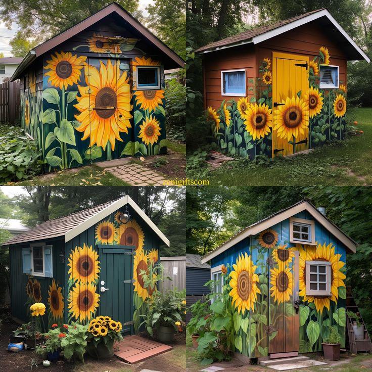 three pictures of sunflowers painted on the side of small houses