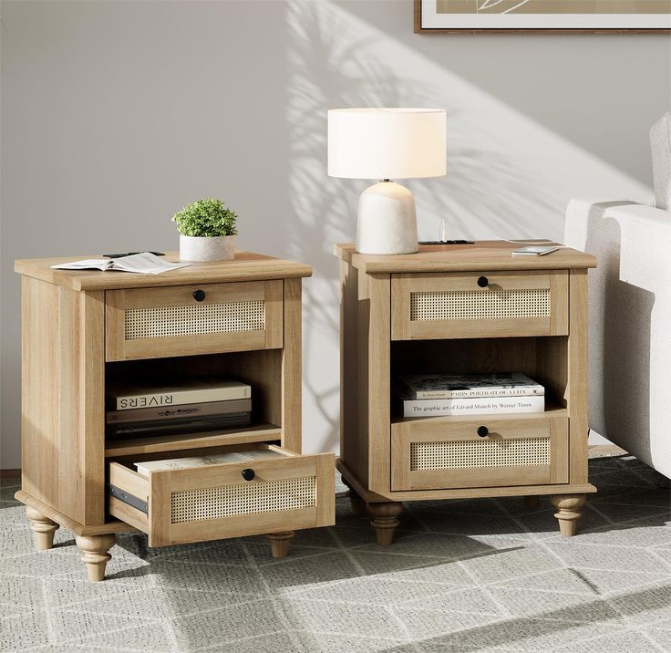 two nightstands side by side in a living room