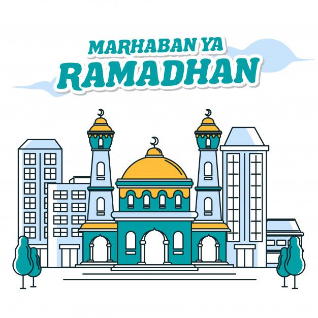 an illustration of a mosque with the words marhab ya ramahan in front of it