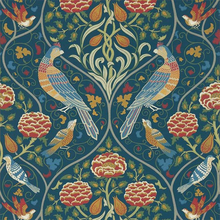 an ornate wallpaper with birds and flowers on blue, red, yellow and green colors