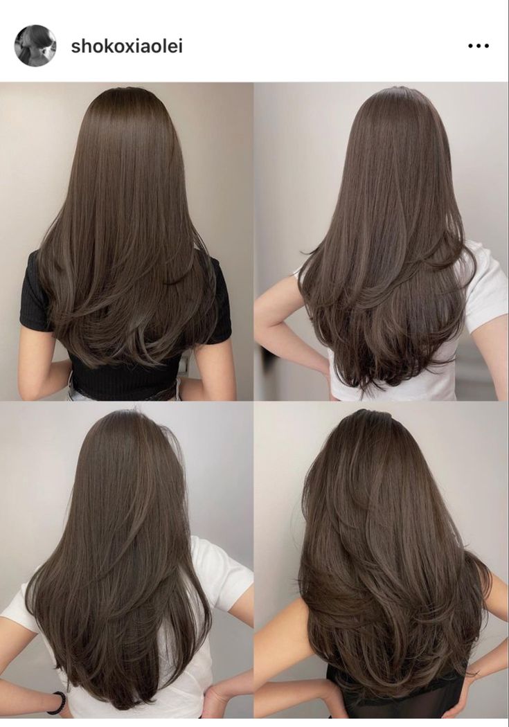 four pictures of the back of a woman's head with long, dark brown hair