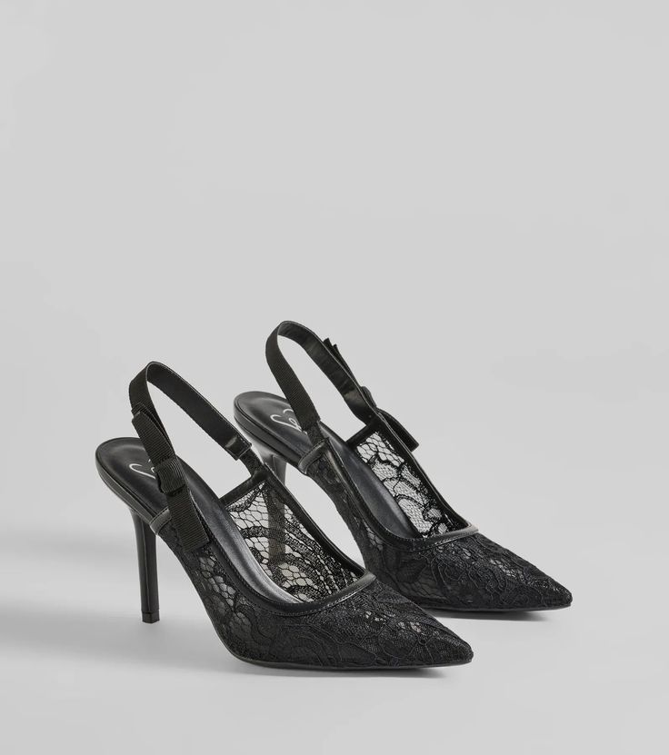 Step into style with these lace stiletto pumps perfect for wedding guests, brides, or any dressy occasion! They feature a closed pointed-toe, an elasticized slingback strap adorned with a side bow accent, a luxe fit cushioned insole for ultimate comfort, and a stiletto heel. Complete the look with a clutch.Fit & Features4" Stiletto HeelClosed pointed-toeElasticized slingback strap, side bow accentLuxe fit cushion insoleLace materialRuns true to size Genshin Oc, Black Lace Shoes, Oc Inspiration, Lace Heels, Lace Material, Black Heel, Elegant Shoes, Pump Dress, Stiletto Pumps