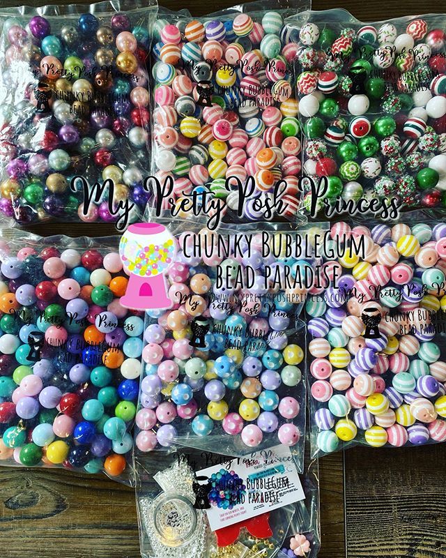 many different types of beads in bags on a wooden table with the words my very best princess chunky bubblegum bead paradise