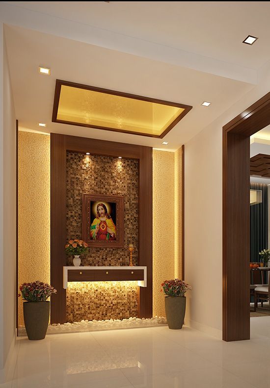 the interior of a home with potted plants and a painting on the wall behind it