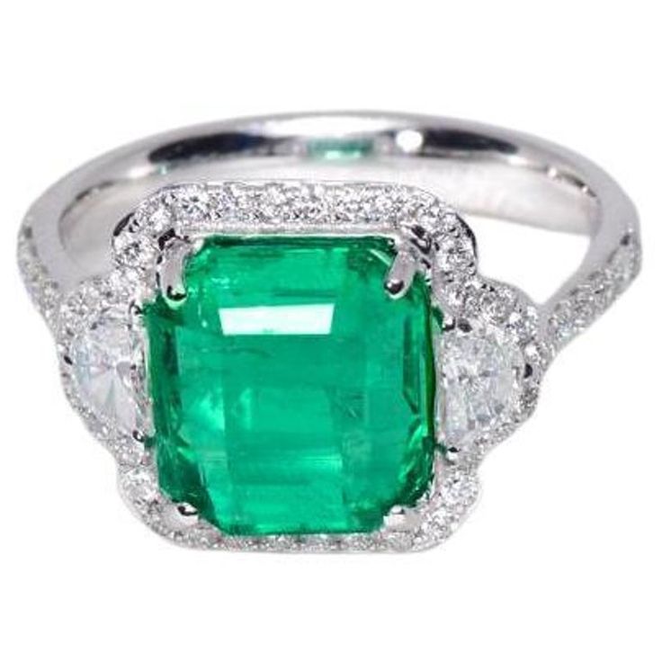 Magnificent 14K 4.35 Ct Emerald&Diamond Antique Art Deco Style Engagement Ring Elegant Radiant Cut Emerald Ring, Luxury Green Emerald Ring With Diamond Cut, Gia Certified Emerald-cut Halo Ring For Formal Occasions, Formal Radiant Cut Ring With May Birthstone, Formal Radiant Cut May Birthstone Ring, Luxury Emerald Ring With Baguette Cut And Accent Stones, Luxury Radiant Cut Emerald Ring With Halo Setting, Luxury Emerald Cut Gemstone Halo Ring, Luxury Green Octagon Rings