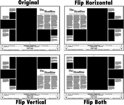 four black and white newspaper pages with the words flip vertical, flip horizontal, or flip horizontal