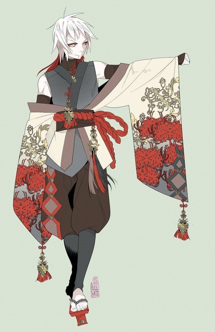 an anime character with white hair wearing a kimono and holding a red flowered shawl