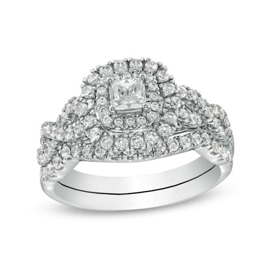 Tell her she's the one with this dazzling diamond bridal set. Crafted in 14K white gold, the engagement ring showcases a 1/4 ct. princess-cut diamond wrapped in a double diamond-lined frame. The shank sparkles with diamonds along twist ribbons. The perfect complement, the contoured diamond wedding band seals your vows. Captivating with 1 ct. t.w. of diamonds and a bright polished shine, this bridal set reflects your love. Diamond White Asscher Cut Ring For Wedding, Radiant Cut Platinum Jewelry For Wedding, Wedding Halo Setting Princess Cut Ring, Princess Cut Diamond Halo Ring For Wedding, Wedding Jewelry With Asscher Cut Lab Grown Diamond, Diamond Princess Cut Jewelry With Halo Setting, Formal Cubic Zirconia Halo Bridal Set, Asscher Cut Lab Grown Diamond Jewelry For Wedding, Asscher Cut Lab Grown Diamond Wedding Jewelry