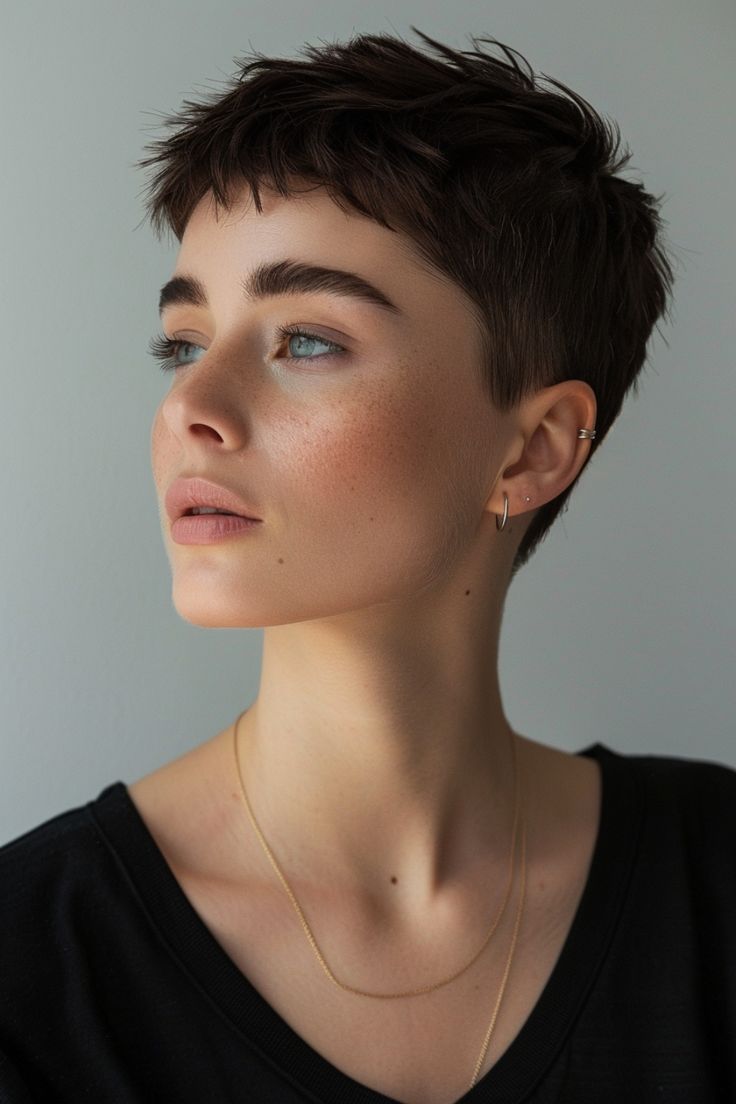 A person with short brown hair and piercing looks to the side wearing a black top and thin gold necklace. Hairstyles For Very Very Short Hair, Super Short Womens Hair, Trend Short Hair Styles 2024, Very Short Haircut Women, Female Buzzcut Aesthetic, Oval Face Pixie Haircut, Short Hair With Fade, Pixie Hair Women, Buzz Cut On Women