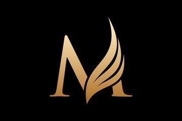 the letter m is made up of gold leaves on a black background, and it appears to be very elegant