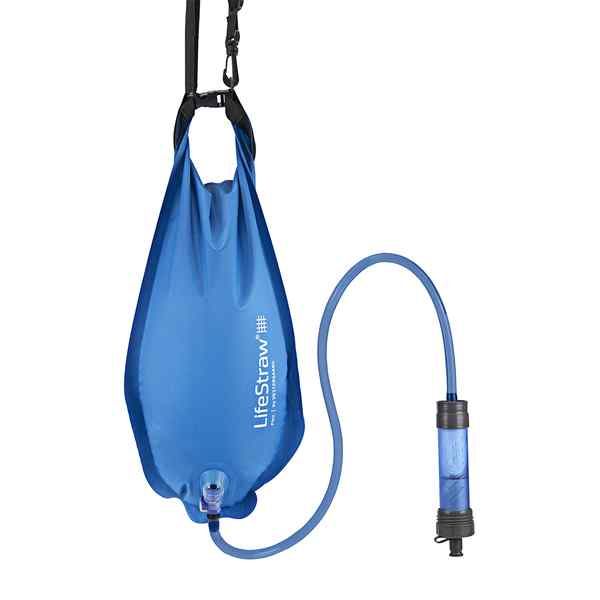 a blue water bag attached to a hook