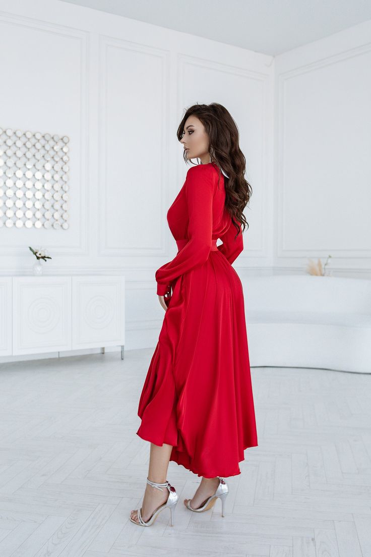 Fabric: faux silk Viscose 35%, Polyester 35%, Cotton 20% Nylon 10% V-neck Long sleeve Puffed sleeve Accordion pleat Maxi length Elegant V-neck Midi Dress With Elastic Sleeves, Long Sleeve Satin Midi Dress With Pleated Sleeves, Satin Long Sleeve Midi Dress With Pleated Sleeves, Satin Midi Dress With Pleated Long Sleeves, V-neck Midi Dress With Folds For Work, Winter Party Pleated Long Sleeve Dress, Elegant Long Sleeve Midi Dress With Folds, Red Midi Dress With Gathered Sleeves, Elegant Red Dress With Folds